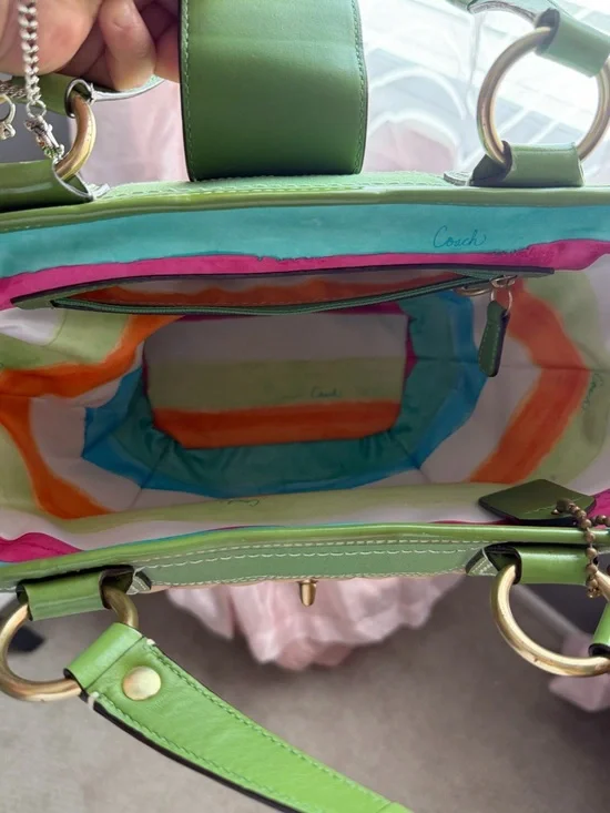 Coach Straw Tote with Lime Green Leather Trim - Picture 4 of 6